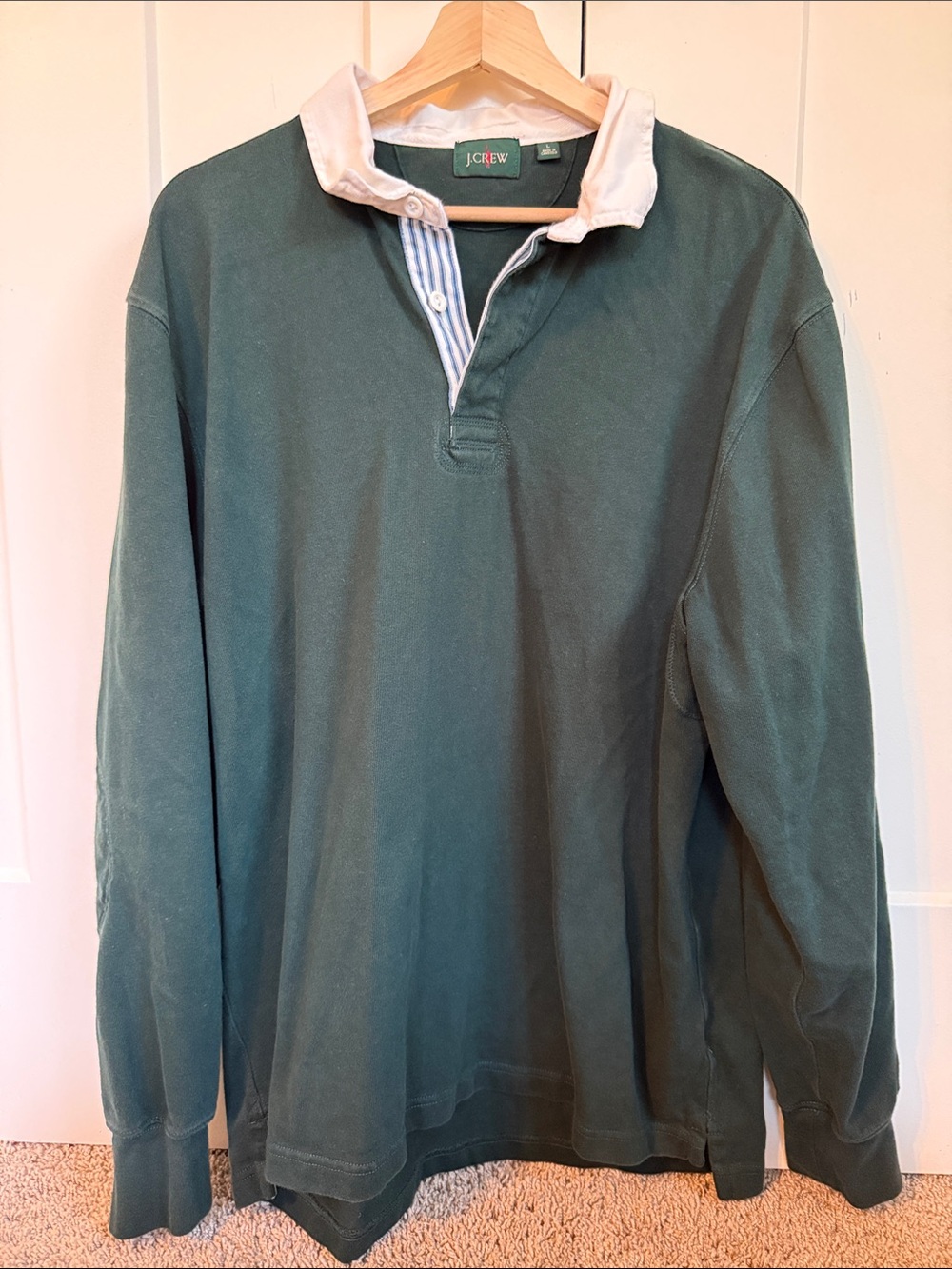 J. Crew Men’s Dark Green Rugby Shirt with White Collar
